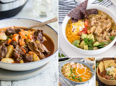 a collage of four different soup images, a large rustic bowl of best and potato stew on the left and a white chicken chili, butternut squash soup, and chili con carne on the right