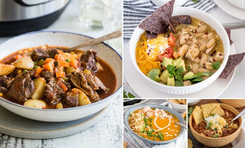 a collage of four different soup images, a large rustic bowl of best and potato stew on the left and a white chicken chili, butternut squash soup, and chili con carne on the right