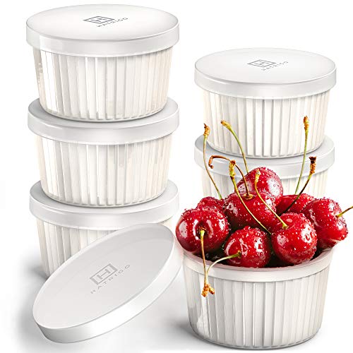 Hatrigo Porcelain Ramekins with Silicone Storage Lids, Set of 6