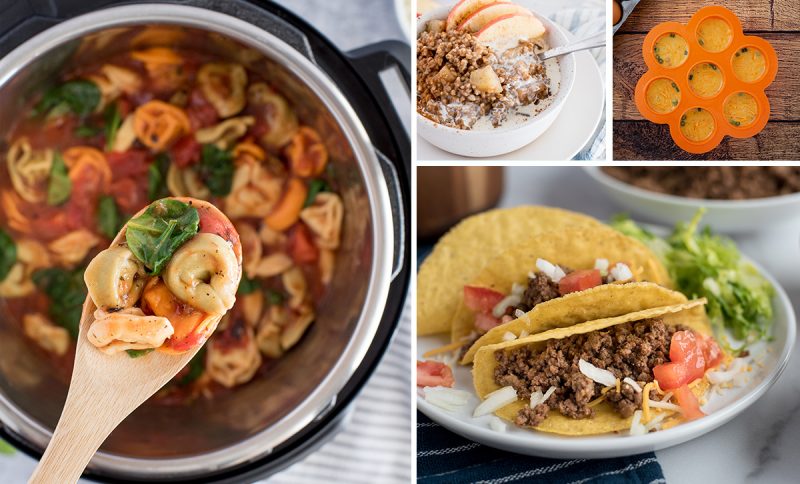 Four image collage featuring quick and easy back to school recipes. The main left photo shows an overhead shot of tortellini made in the Instant Pot. Top right photo shows a white bowl filled with Instant Pot apple cinnamon steel cut oats garnished with cut apples, the top right image shows an overhead shot looking into a silicone egg bites dish, filled with egg bites. The bottom right photo shows hardshell ground beef tacos, garnished with tomatoes and cheese, also made in a pressure cooker