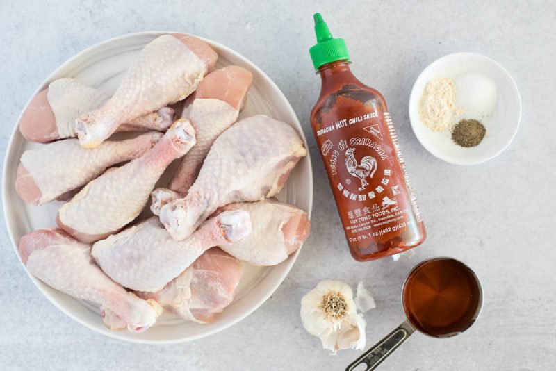 an overhead shot of the ingredients, including chicken drumsticks (