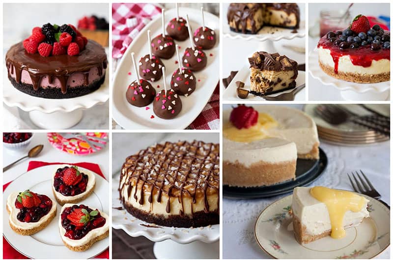 Collage of several of the best Instant Pot Cheesecake Recipes, including raspberry, caramel, and meyer lemon cheesecakes all made in an Instant Pot or electric pressure cooker