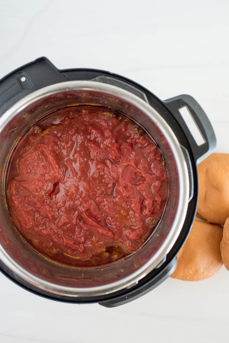 Overhead shot of the ingredients added to the Instant Pot for sloppy joes.