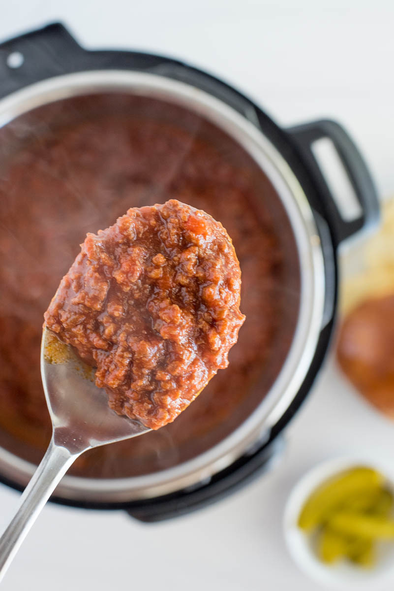 Overhead shot of the sloppy joes cooked in and Instant Pot