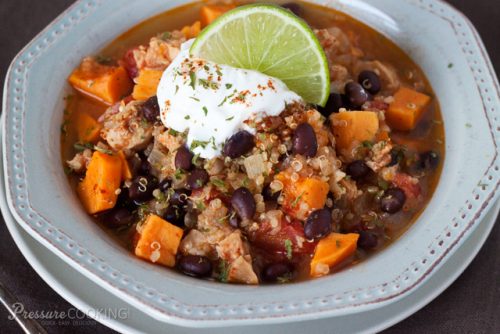 Pressure Cooker (Instant Pot) Black Bean Sweet Potato Quinoa Chicken Chili