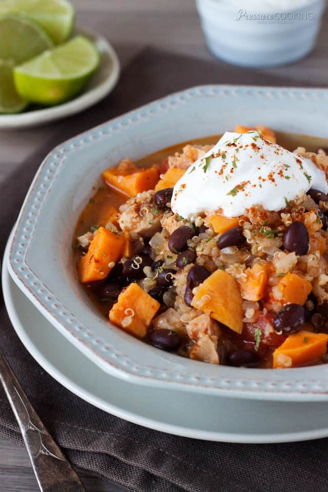 close up of Black Bean Sweet Potato Quinoa Chicken Chili pressure cooker recipe from Pressure Cooking Today