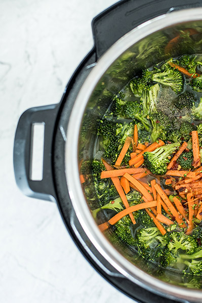 Pressure Cooker Broccoli Cheese Soup ingredients in the Instant Pot