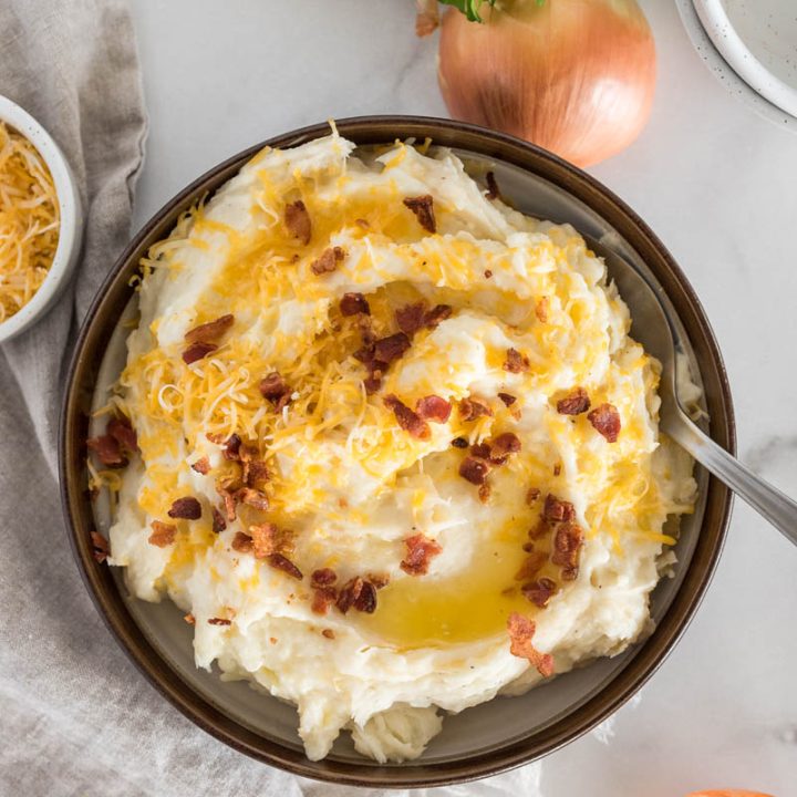 an overhead shot of caramelized onion mashed potatoes