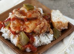 Simple Pressure Cooker (Instant Pot) Chicken Cacciatore on a brown dish