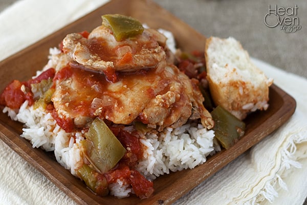 Simple Pressure Cooker (Instant Pot) Chicken Cacciatore on a brown dish