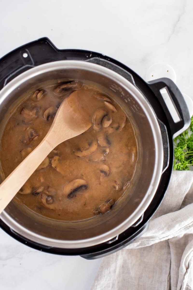 an overhead shot of the instant Pot chicken marsala sauce cooked and ready to serve
