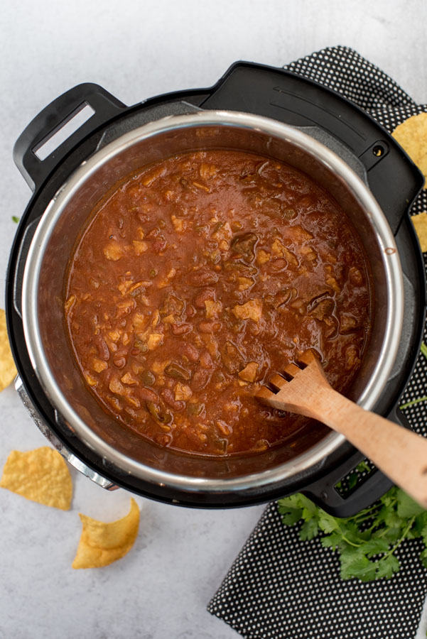 Overhead shot of Beef and Bean Instant Pot Chili in the Instant Pot / pressure cooker
