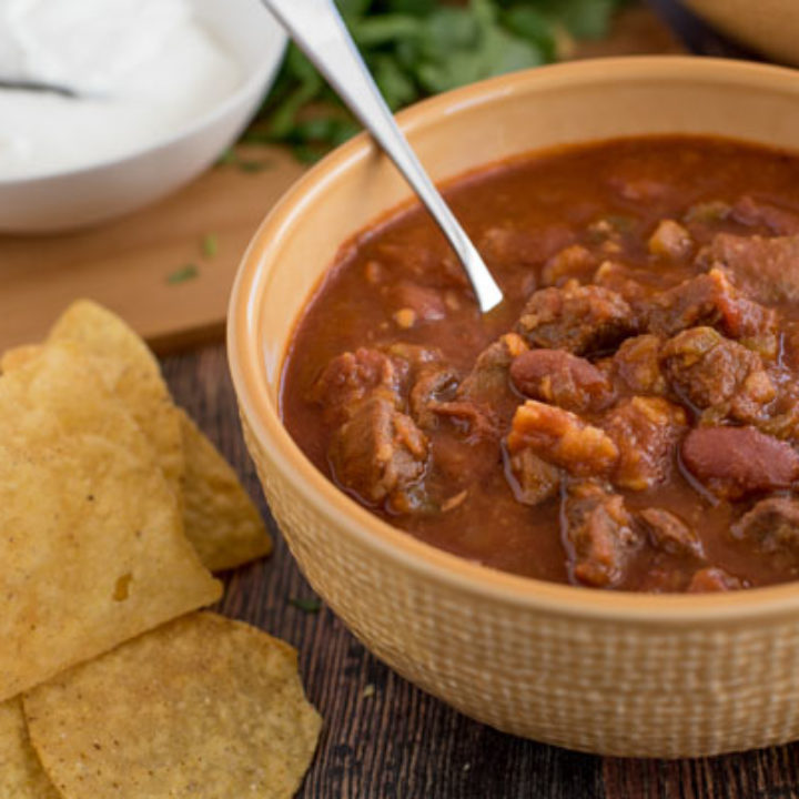 Close-up shot of Beef and Bean Instant Pot Chili prepared in the electric pressure cooker