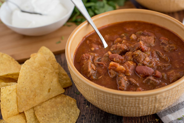 Close-up shot of Beef and Bean Instant Pot Chili prepared in the electric pressure cooker