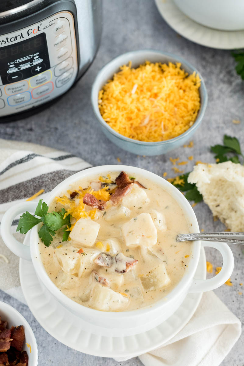 bowl of instant pot cheese potato soup