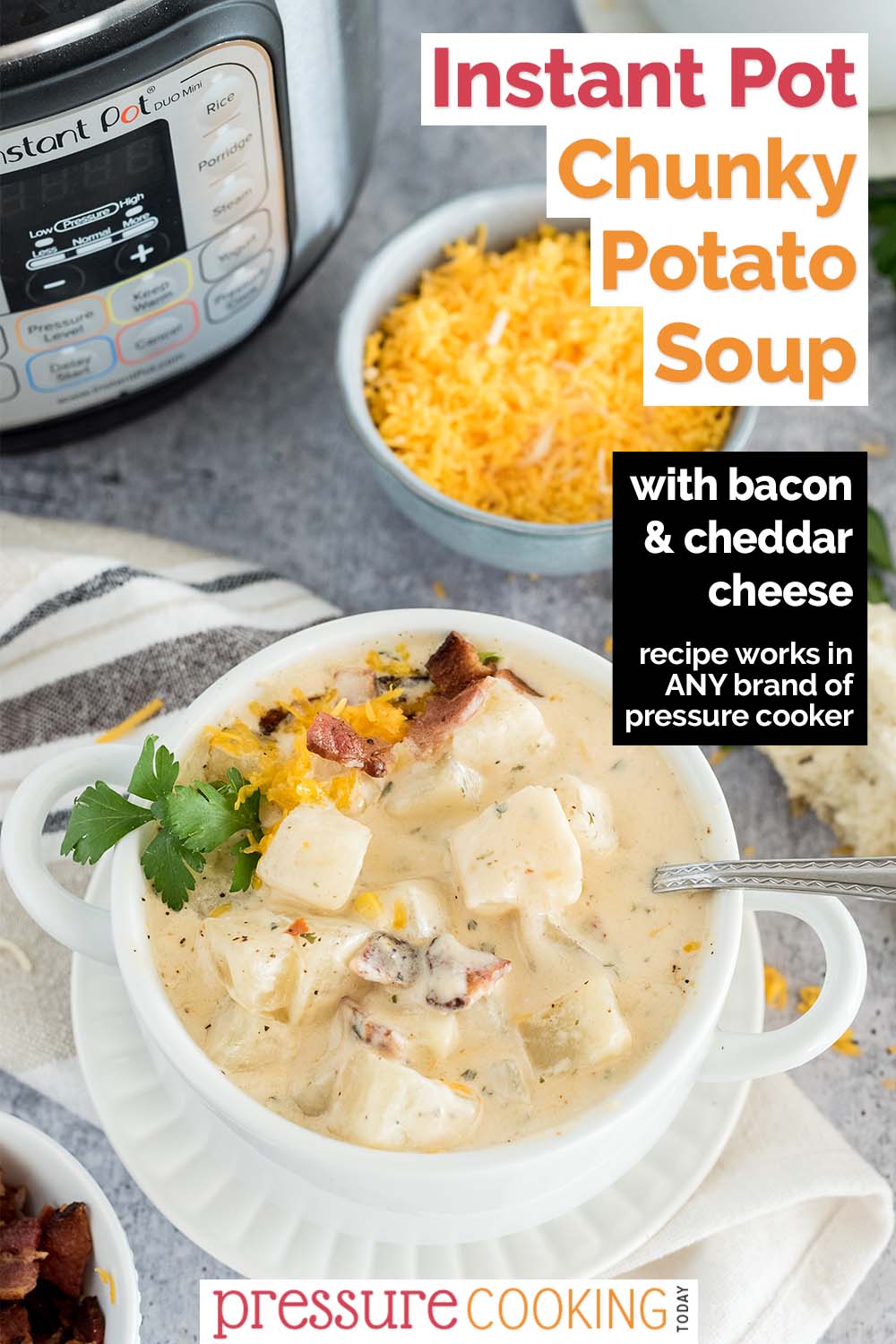 Instant Pot Potato Cheese Soup is loaded with chunky potatoes, bacon, corn, and two kinds of cheese for a filling soup that's perfect to make-ahead and via @PressureCook2da