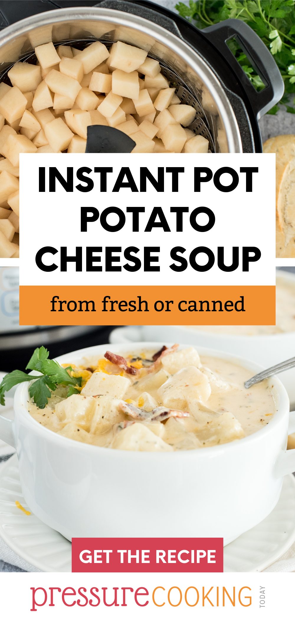 Instant Pot Potato Cheese Soup is loaded with chunky potatoes, bacon, corn, and two kinds of cheese for a filling soup that's perfect to make-ahead and via @PressureCook2da