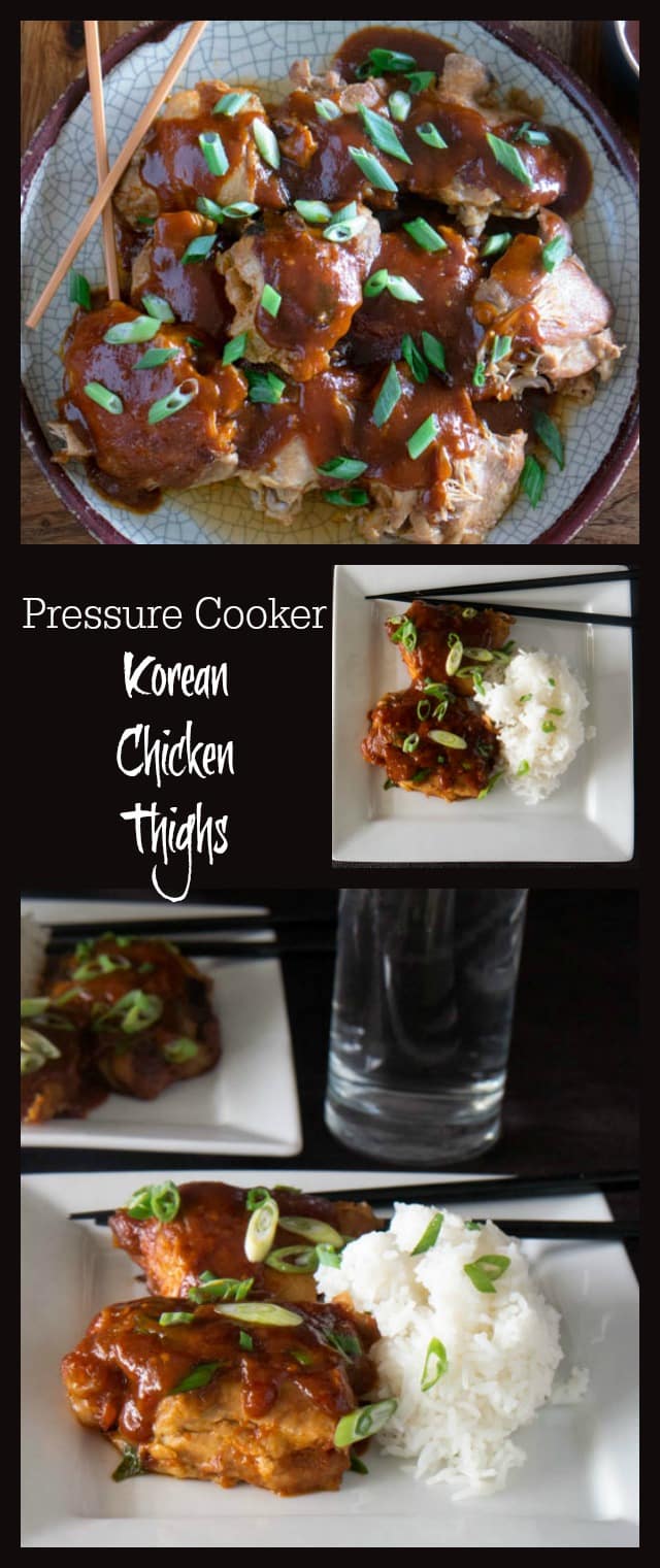 Korean chicken thighs made in an Instant Pot come out tender, juicy, and delicious in just a few minutes! Delight your taste buds with the umami, sweet, and spicy flavors in this Pressure Cooker recipe for Korean Chicken Thighs. #pressurecooking #instantpot #chickenrecipes #Asianrecipes via @PressureCook2da