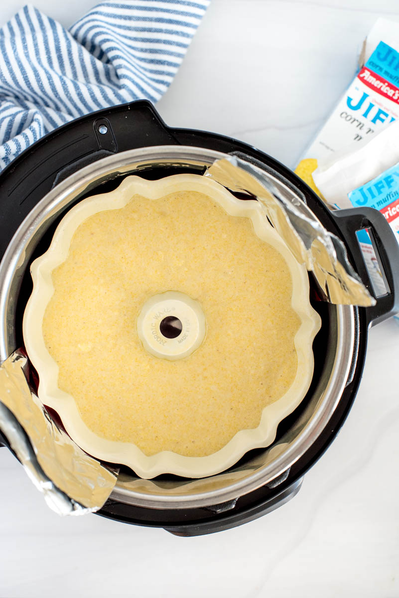 bundt pan with cornbread batter in an instant pot