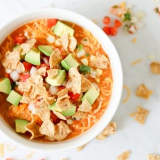 white bowl of Pressure Cooker (Instant Pot) Creamy Enchilada Soup