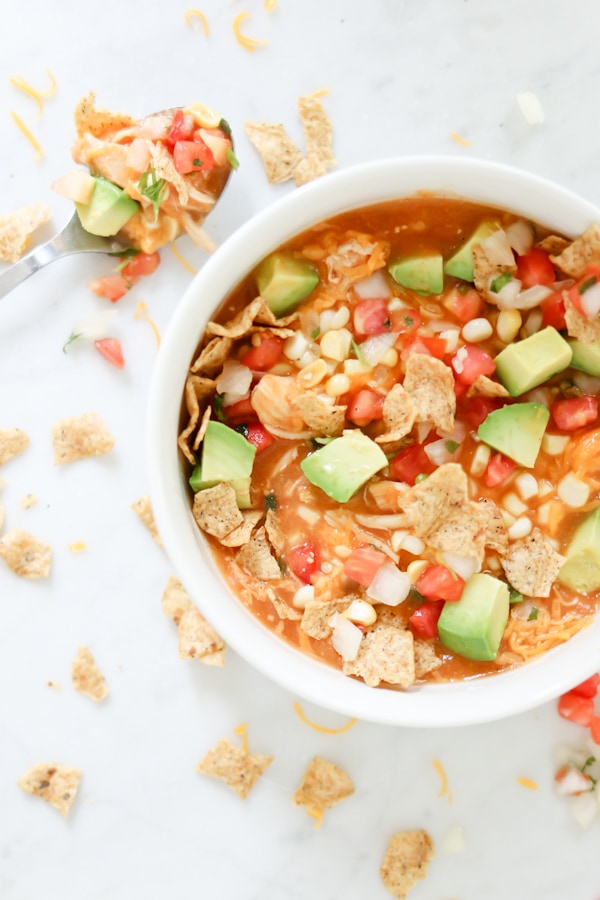 soup bowl with Creamy Enchilada Soup, made in an electric pressure cooker