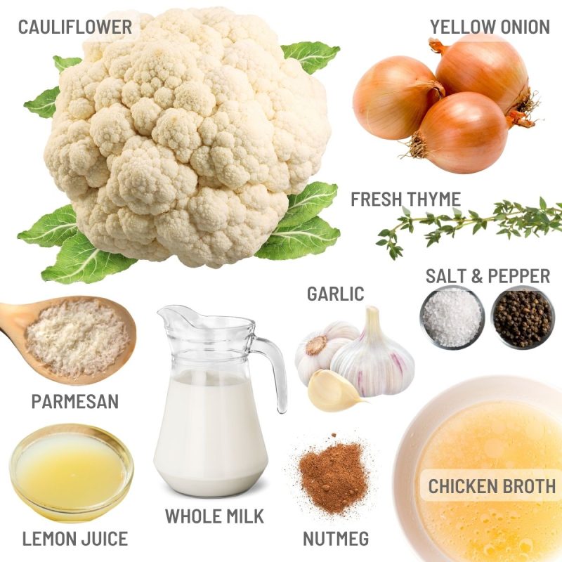a collage that shows the ingredients in cauliflower soup