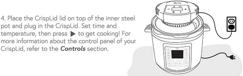 Mealthy CrispLid that shows that the pressure cooker needs to be unplugged before using the lid