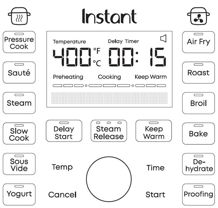 a black and white rendering of the button layout on the Instant Pot Duo Crisp with Ultimate Lid