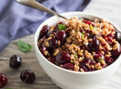 bowl of pressure cooker farro and cherry salad, made in an Instant Pot