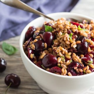 bowl of pressure cooker farro and cherry salad, made in an Instant Pot