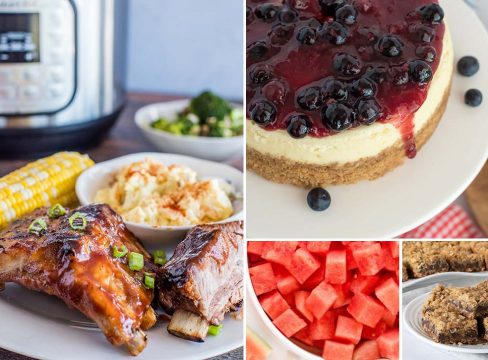 a photo collage featuring a large vertical photo of a plate filled with grilled BBQ baby back ribs, corn on the cob, potato salad, and broccocli, on the right top there is a top-down shot of a white cheesecake topped witha red and blue fruit compote, on the bottom center is a white bowl with watermelon chunks. On the bottom right is a small white plate filled with caramelitas