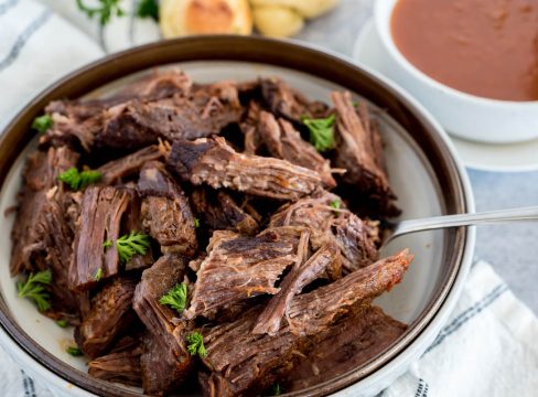 bowl of pot roast from an instant pot with parsley on top