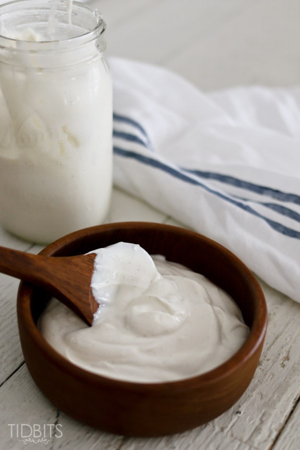 wooden bowl of Pressure Cooker Yogurt