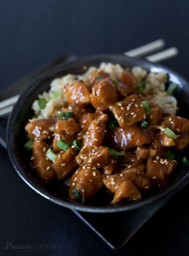 Pressure Cooker Honey Sesame Chicken - Tender bite size chunks of chicken in a sweet, sticky sauce. A quick, easy to make meal that the whole family will love. 