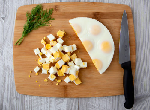 Egg loaf cooked in the InstaPot is easy to dice into small pieces without peeling or an ice bath