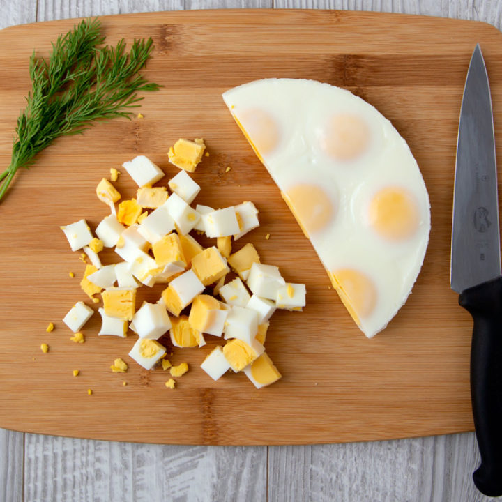 Egg loaf cooked in the InstaPot is easy to dice into small pieces without peeling or an ice bath