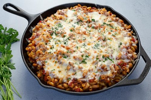 Pressure Cooker American Chop Suey, browned up in the oven