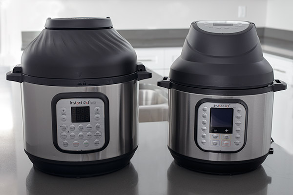 A side by side picture comparison of the Instant Pot Duo Crisp and the Instant Pot Air Fryer Lid on top of the Instant Pot Duo Nova.