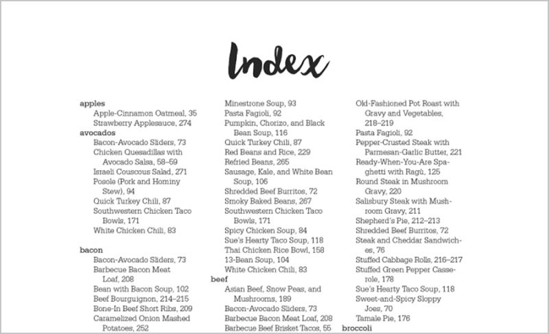 Image of the first page of the Index for the Electric Pressure Cooker Cookbook by Barbara Schieving