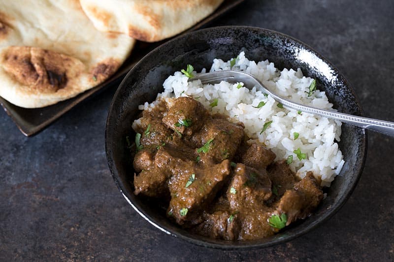 Pressure Cooker (Instant Pot) Beef Curry on a plate with rice