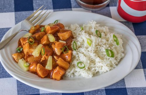 Pressure Cooker (Instant Pot) Hawaiian BBQ Chicken served on a white plate with rice