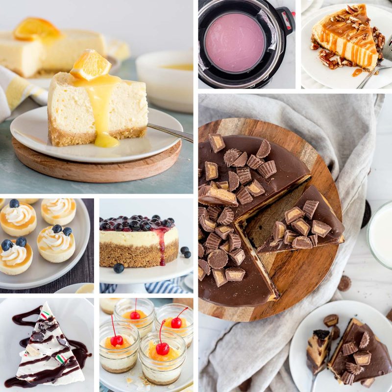 a collage of eight images featuring Instant Pot cheesecakes.