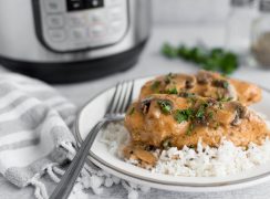 chicken in mushroom sauce in front of an instant pot