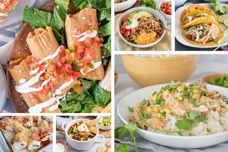 a collage of six Tex-Mex and mexican foods to cook in the Instant Pot and serve for Cinco de Mayo or Taco Tuesday