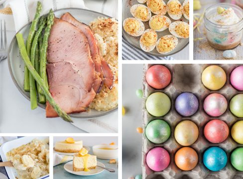 A six-image collage of recipes you can make in your Instant Pot this Easter, featuring a large photo of sliced spiral ham and asparagus and a large photo of dyed Easter eggs in several shimmering colors. Smaller photos appear underneath the ham featuring a wooden spoon holding potatoes au gratin and a white plate with a serving of Lemon Cheesecake. Above the Easter eggs are two smaller photos of Zesty Deviled Eggs and a mini mason jar with mini Easter Cheesecakes with malted-milk Robin Eggs sprinkled above and beneath.