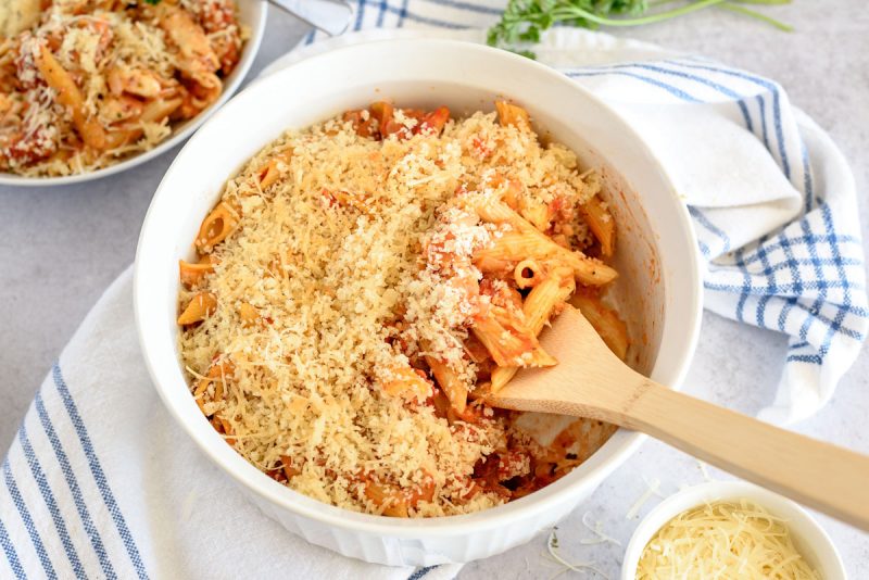 Instant Pot eggplant parmigiana in a ramekin topped with panko bread crumbs and ready to serve