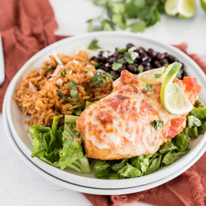 a 45 degree closeup horizontal shot of Instant Pot Salsa Chicken, plated on a white plate and served on top of a bed of shredded lettuce, with Mexican rice and black beans in the background