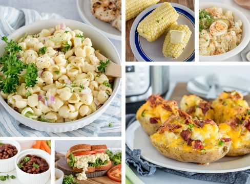 collage for Instant Pot summer Side Dish post, featuring a large image of amish potato salad on the top left and twice-baked potatoes on the bottom right, with smaller pictures of baked beans and egg salad and corn on the cob and potato salad tightly fitted