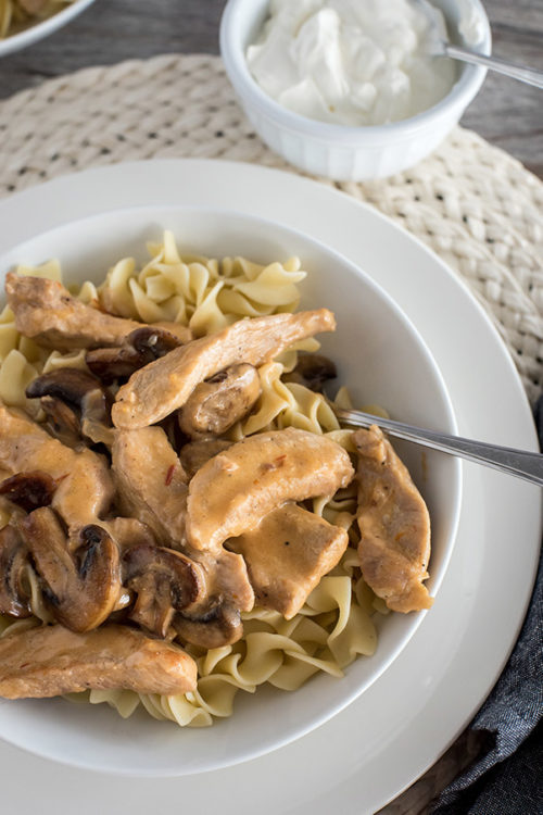 Instant Pot PorkbStroganoff in a white bowl