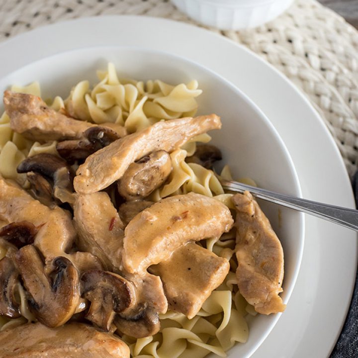 Instant Pot PorkbStroganoff in a white bowl